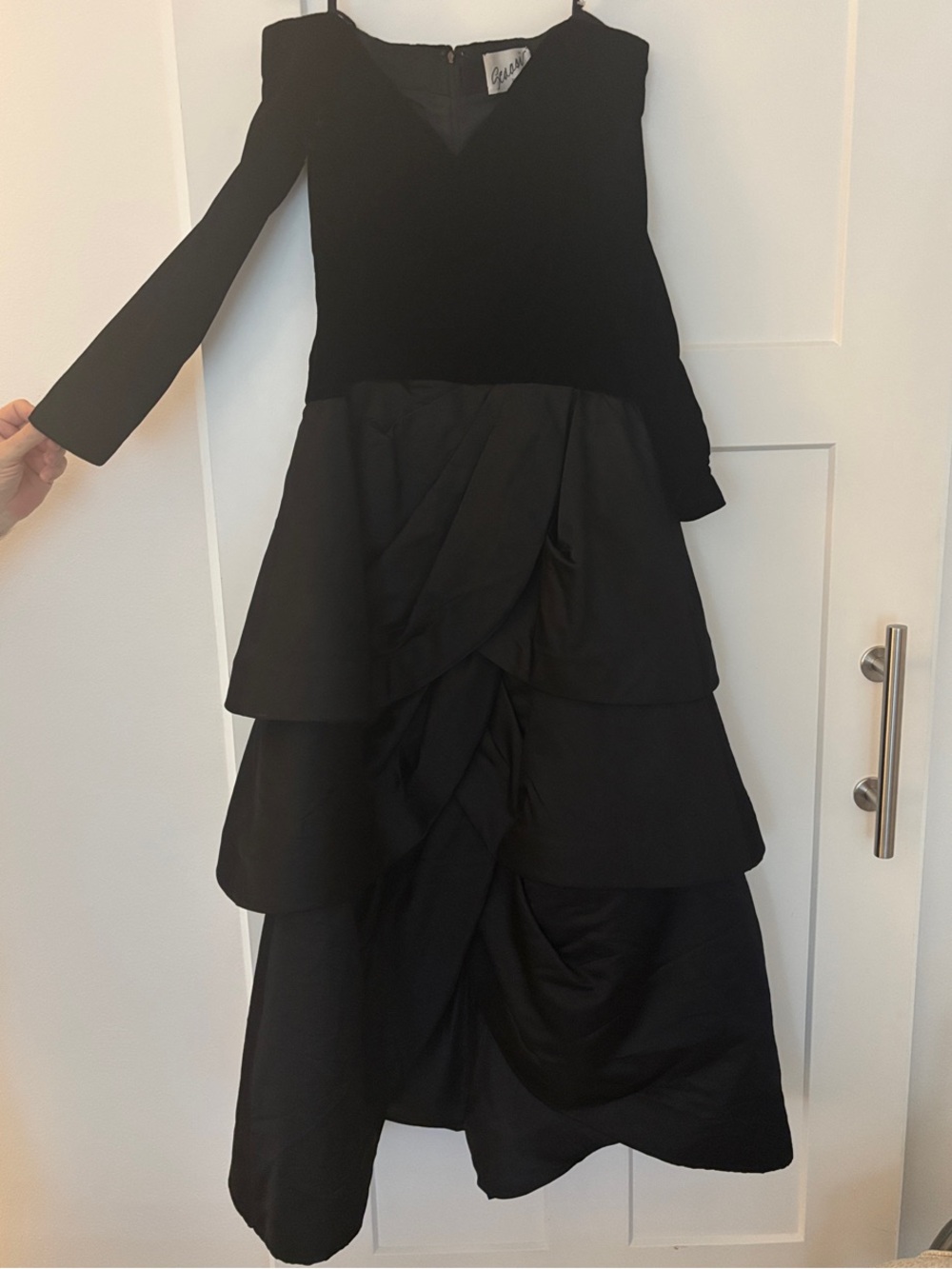 SCASSI Vintage Black Velvet and Silk Gown with Tiered Skirt